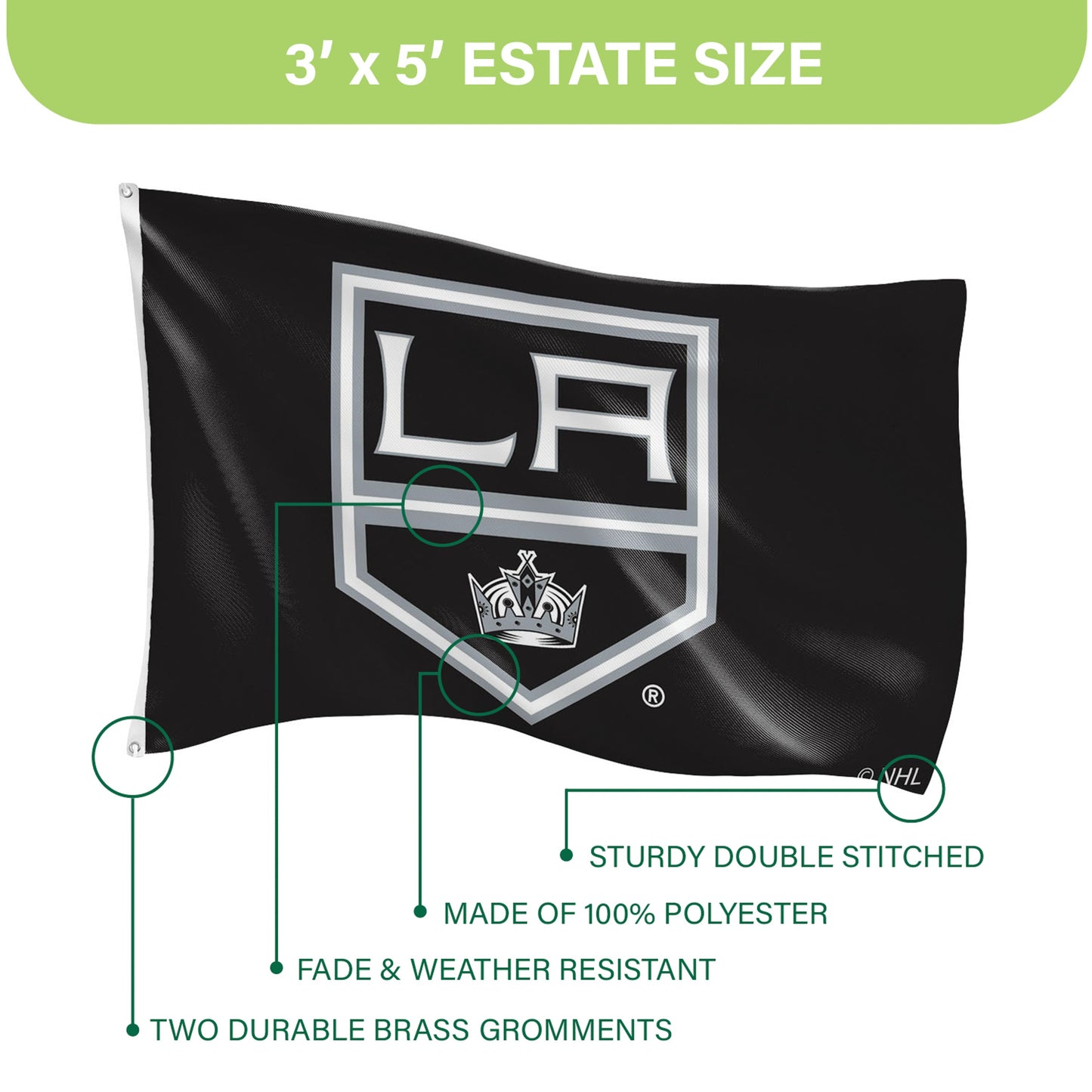 Los Angeles Kings Single Sided Flag w/ 2 Grommets, 3'x5'