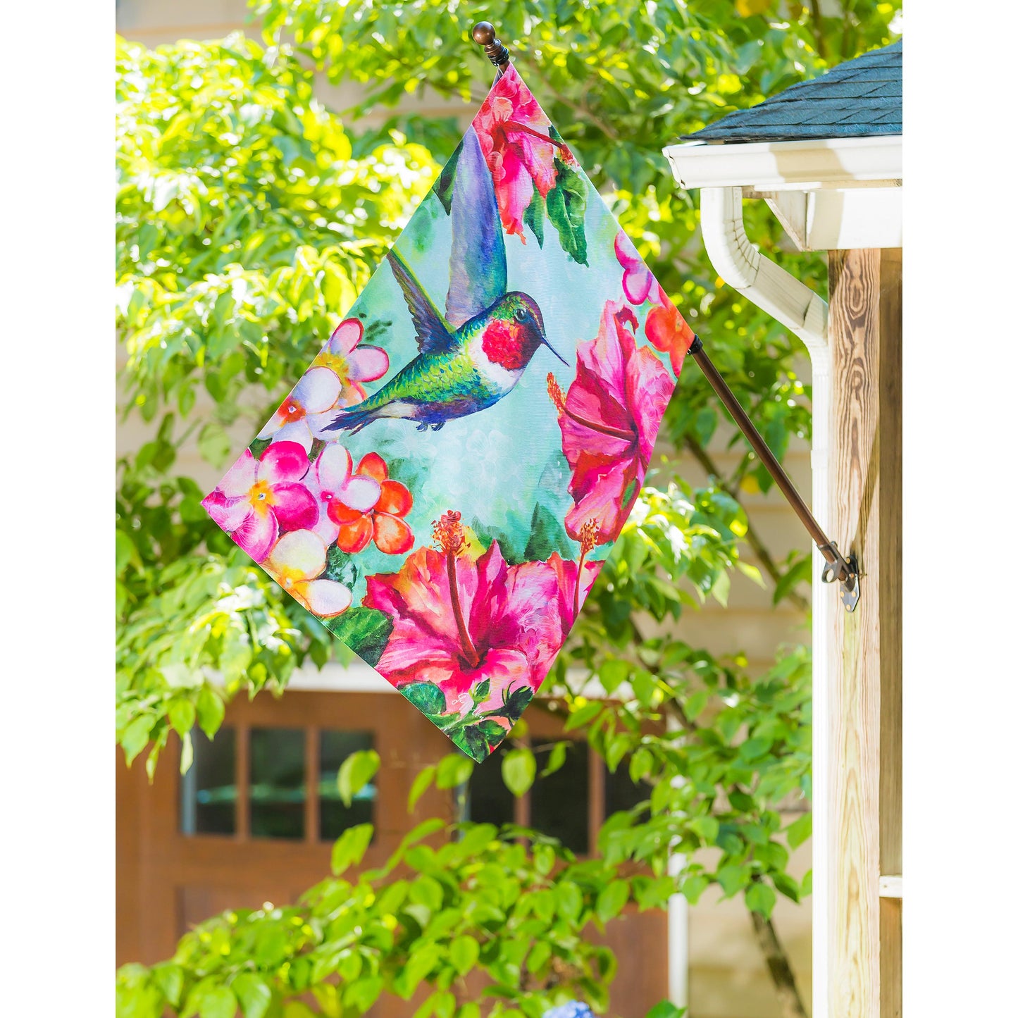 Hummingbird and Hibiscus House Textured Suede Flag