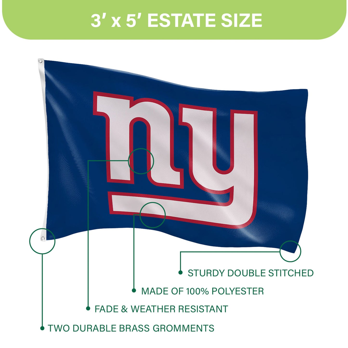 New York Giants Single Sided Flag with 2 Grommets, 3'x5'