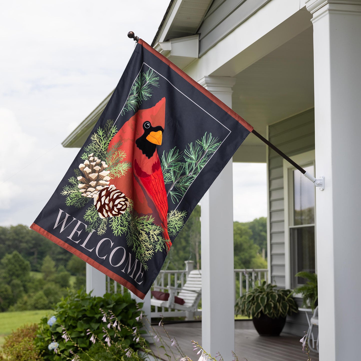 Cardinal and EvergreenEstate Size Embellished Burlap Flag