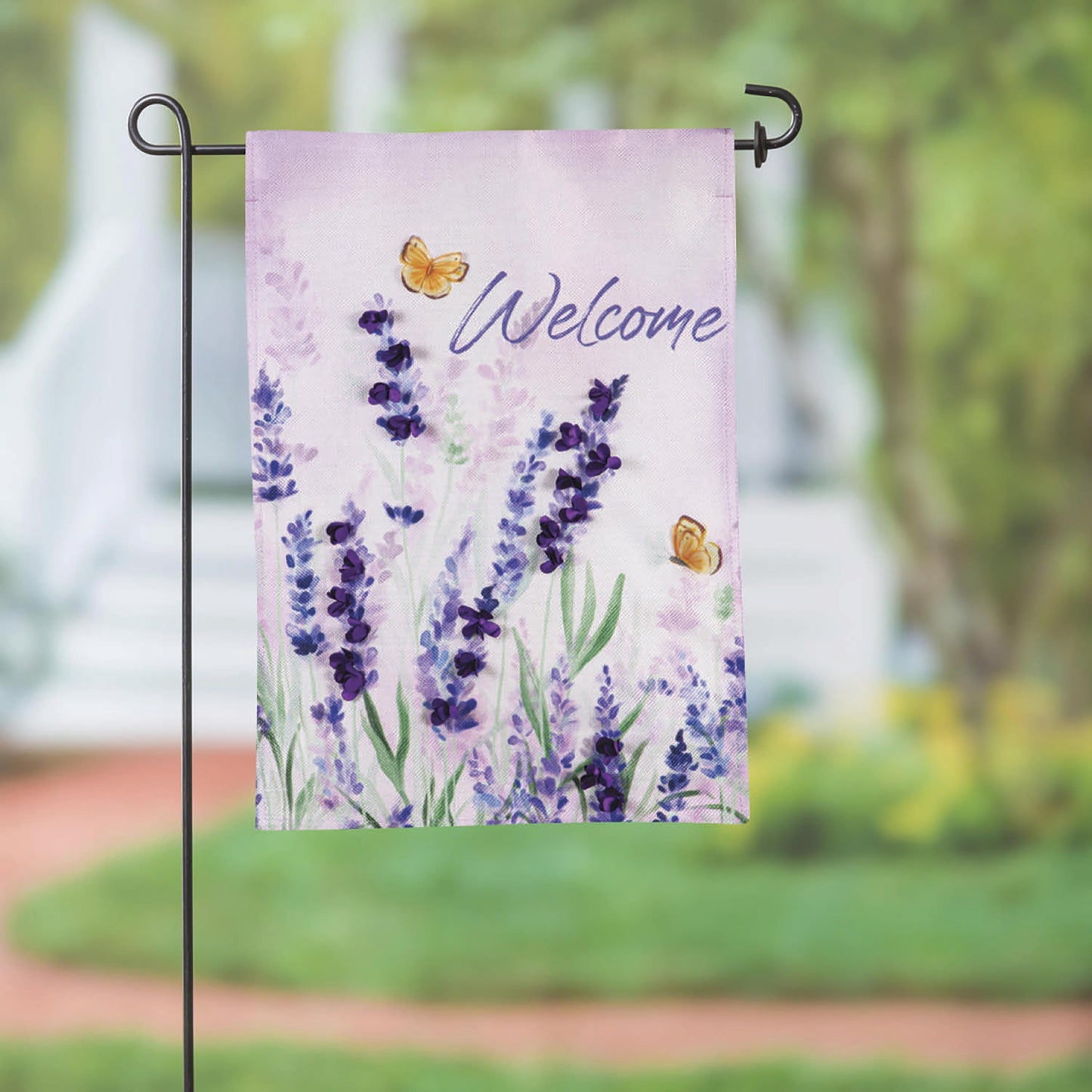 Hello Spring Lavender Burlap Garden Flag