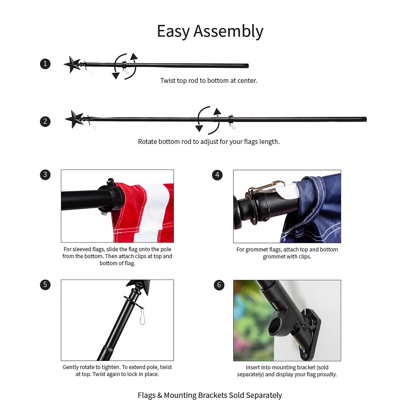 Star Metal Extendable House Flag Pole, Black