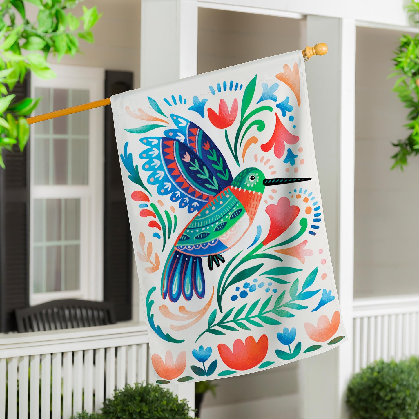Patterned Hummingbird Applique House Flag