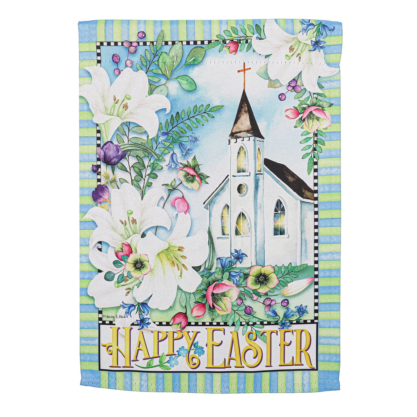 Easter Church with Flowers Suede House Flag