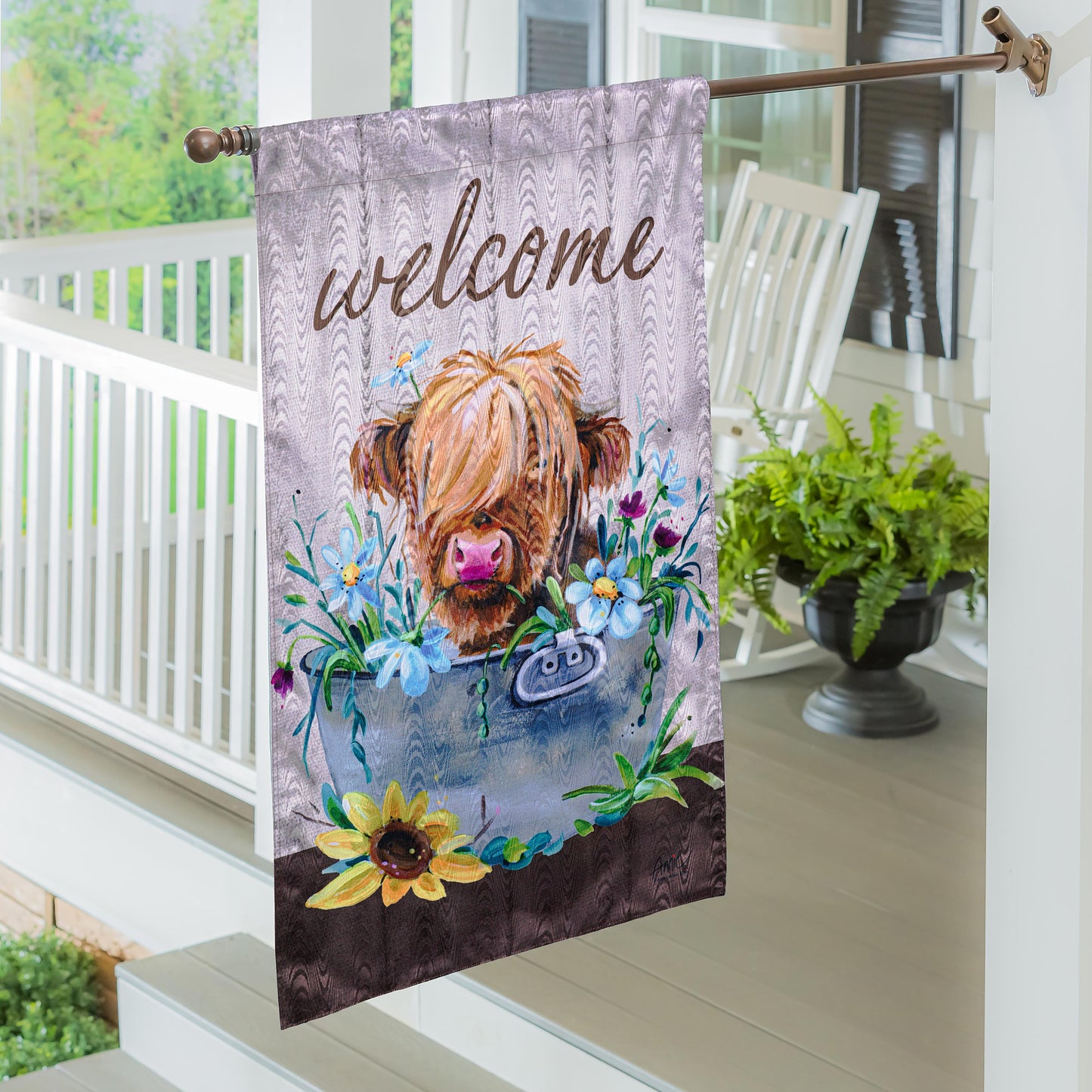 Relaxing Highland Cow Moire House Flag