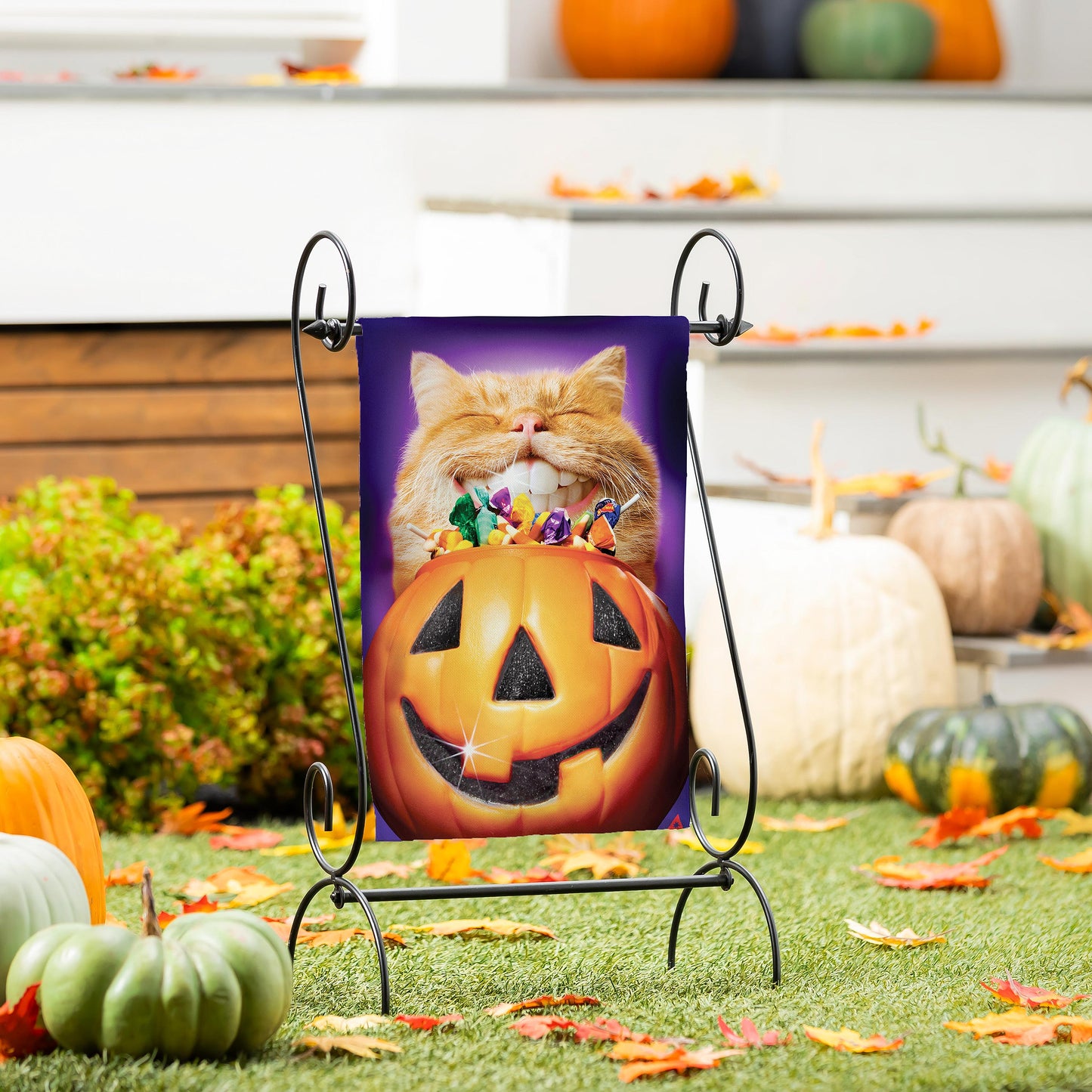 Cat Jack O'Lantern Pumpkin Teeth Suede Garden Flag