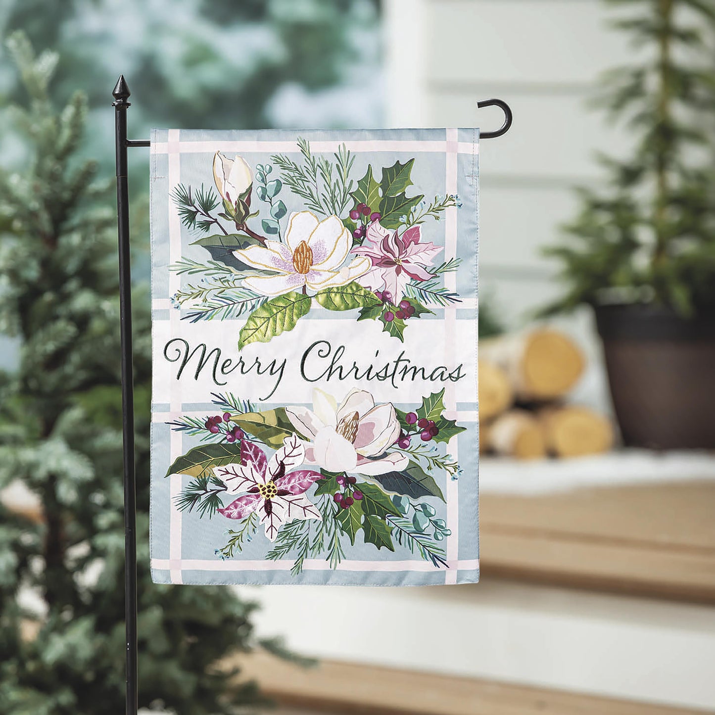 Merry Christmas Floral Applique Garden Flag