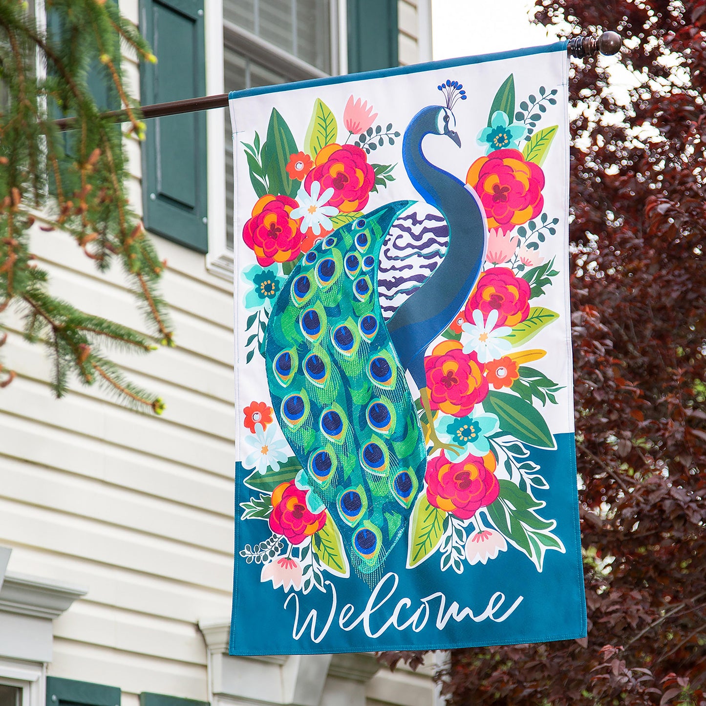 Floral Peacock House Linen Flag