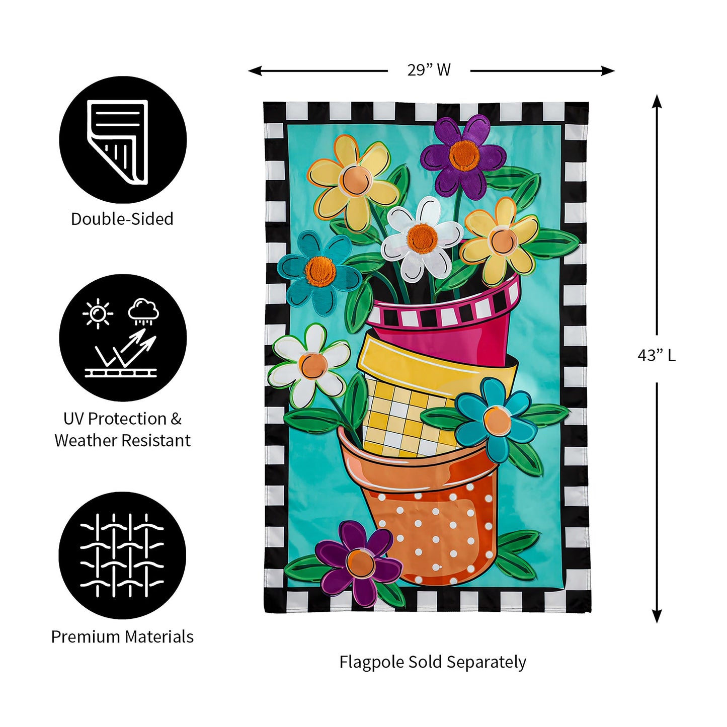 Stacked Spring Flower Pots House Applique Flag