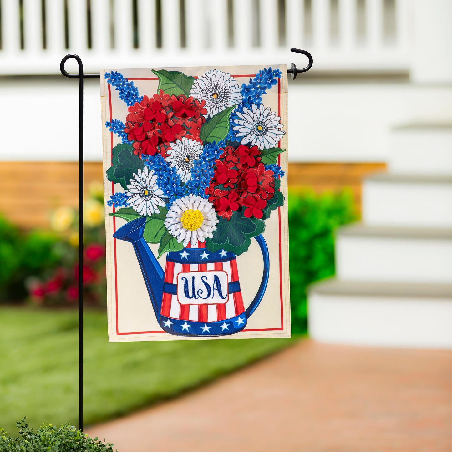USA Floral Watering Can Applique House Flag