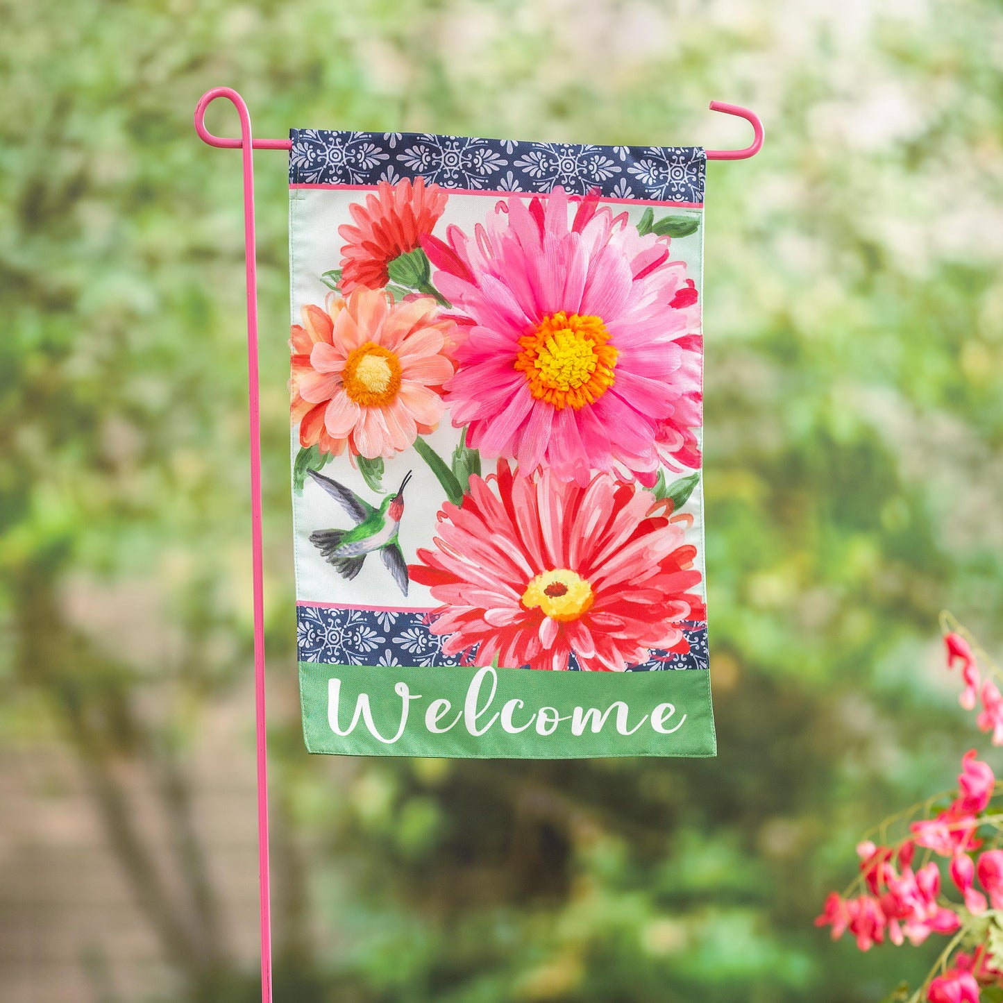 Gerberas and Hummingbird Garden Linen Flag