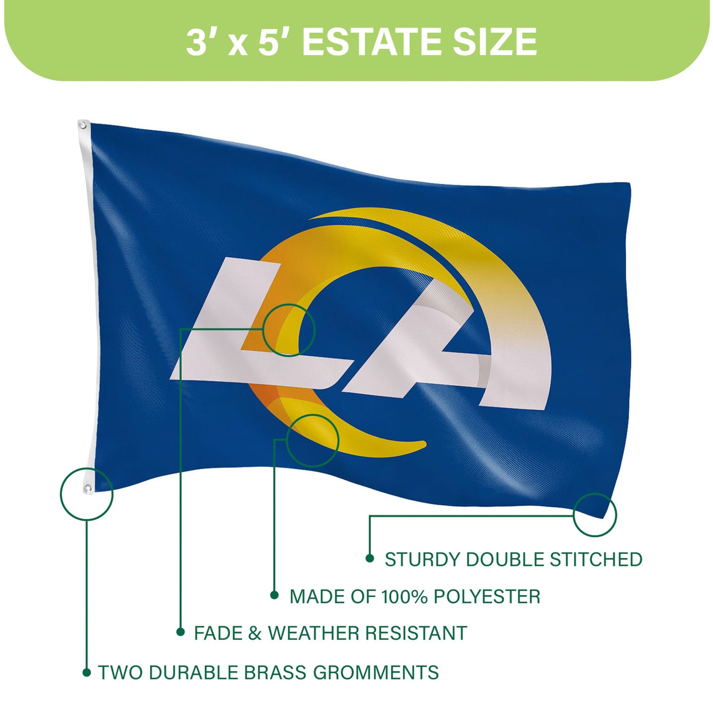 Los Angeles Rams Single Sided Flag with 2 Grommets, 3'x5'