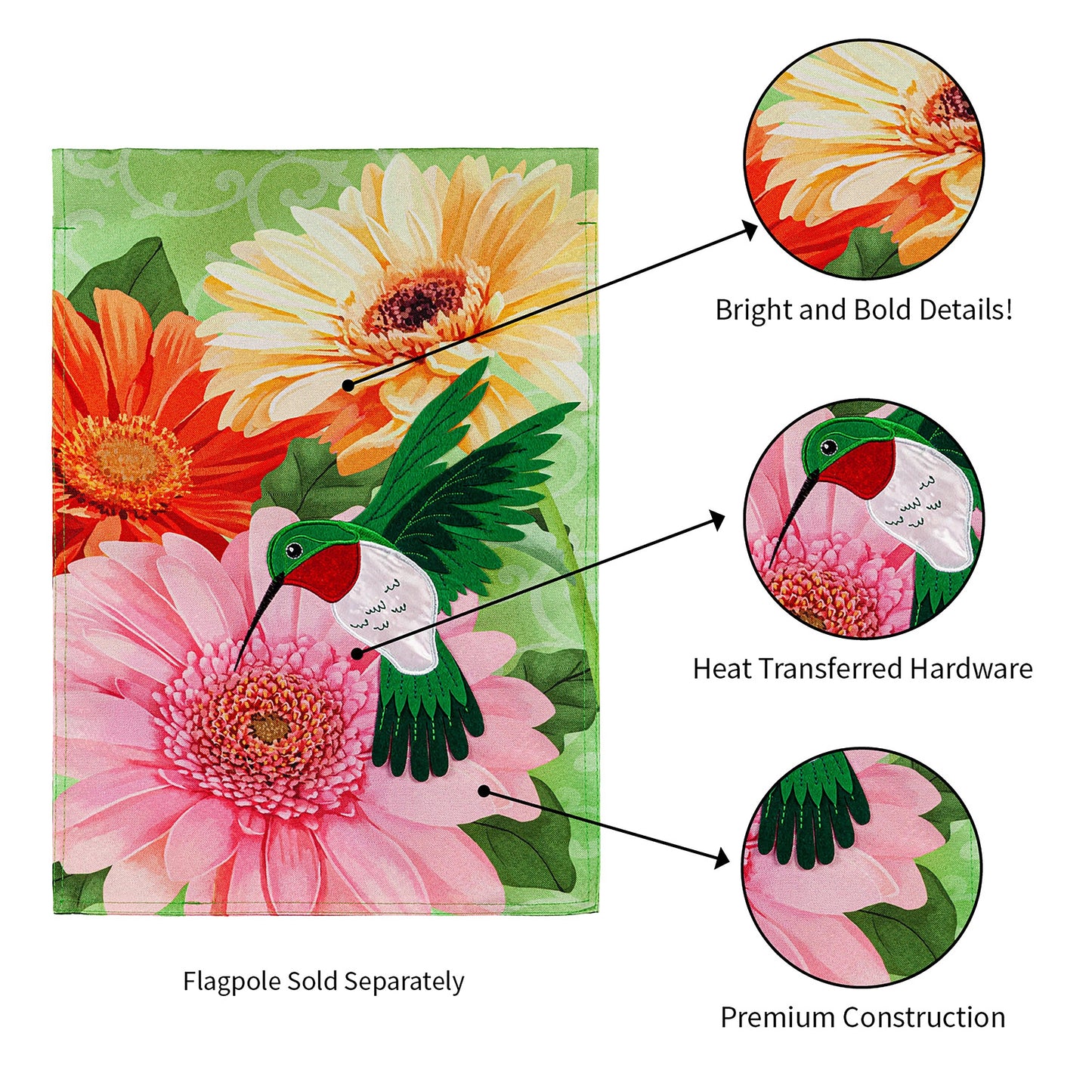 Hummingbird and Daisy Trio Garden Linen Flag