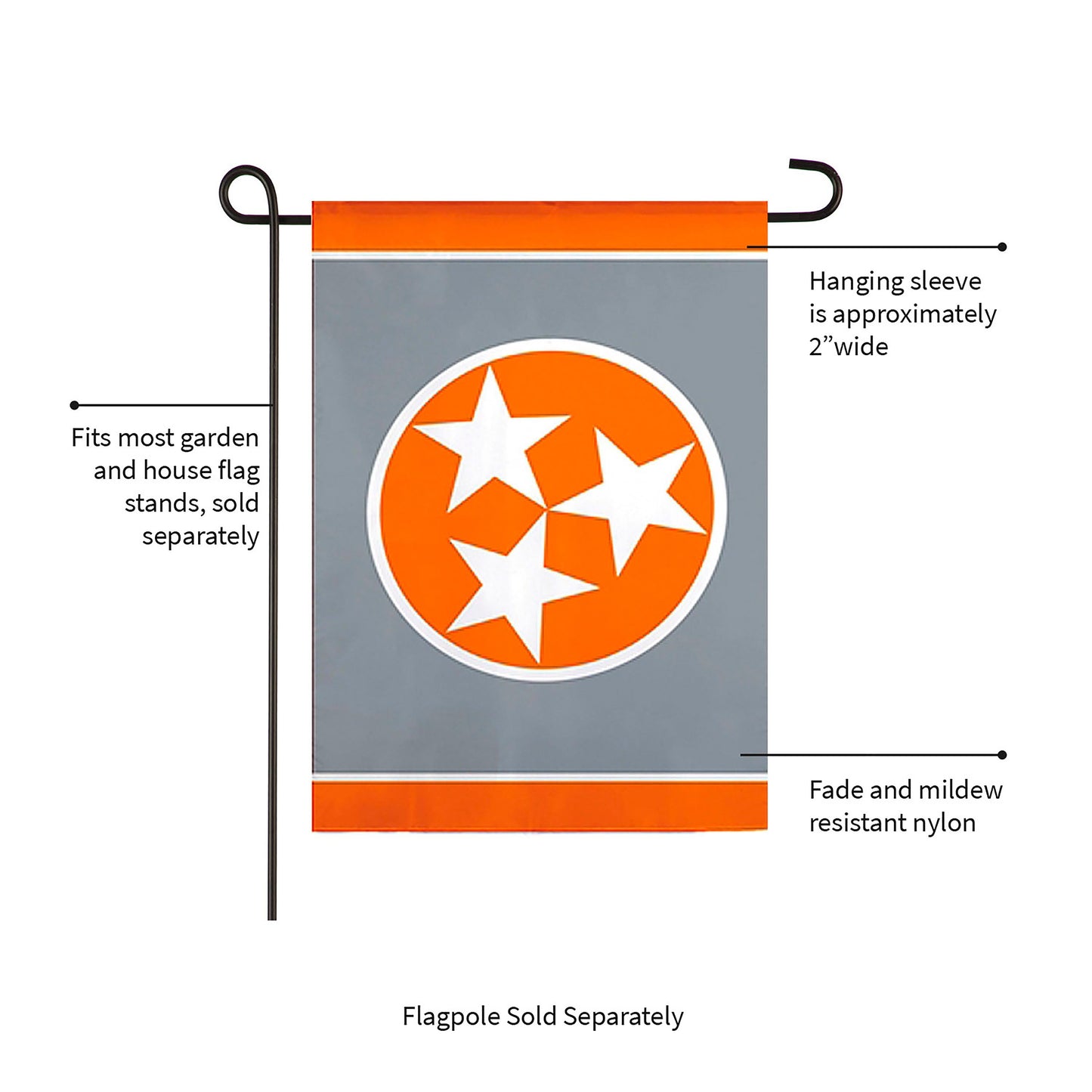Tennessee Tri Star, Grey Garden Applique Flag
