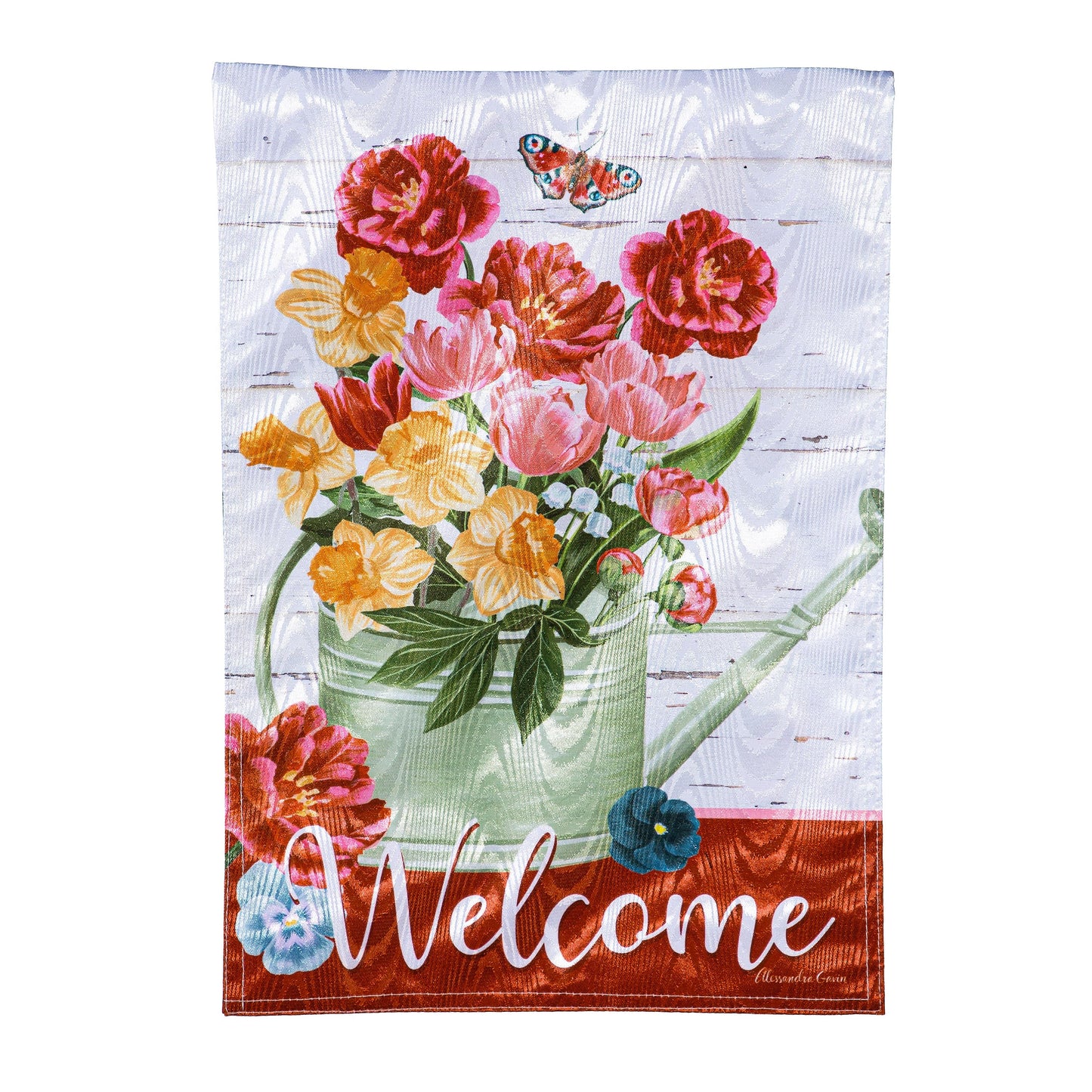 Floral Watering Can Moire Garden Flag