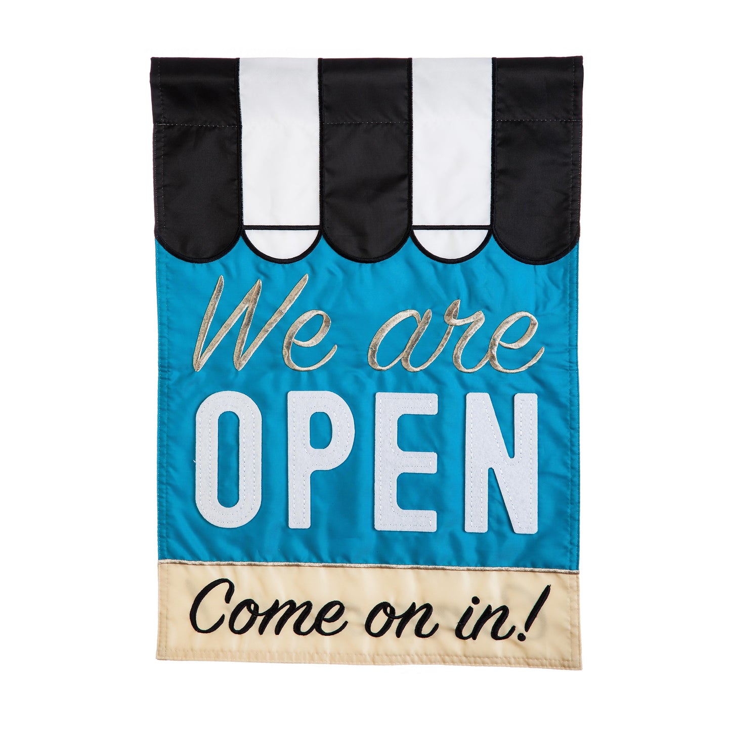 We Are Open Garden Applique Flag