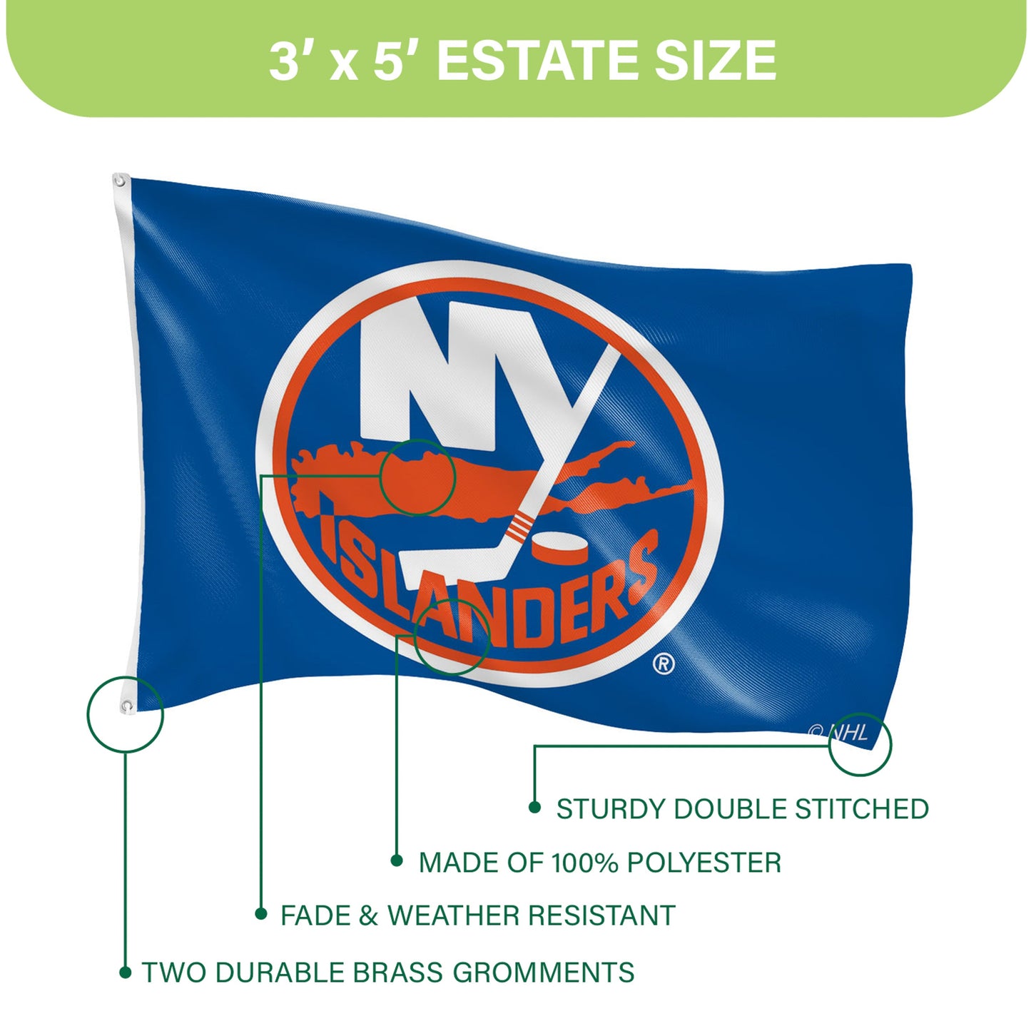 New York Islanders Single Sided Flag w/ 2 Grommets, 3'x5'