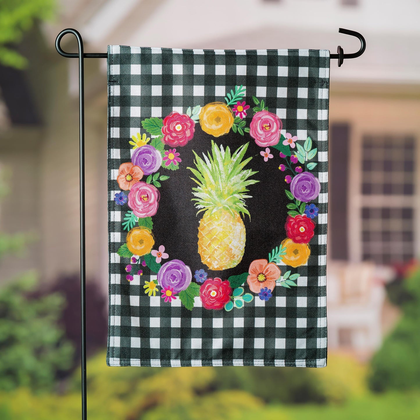 Pineapple Plaid Floral Garden Burlap Flag