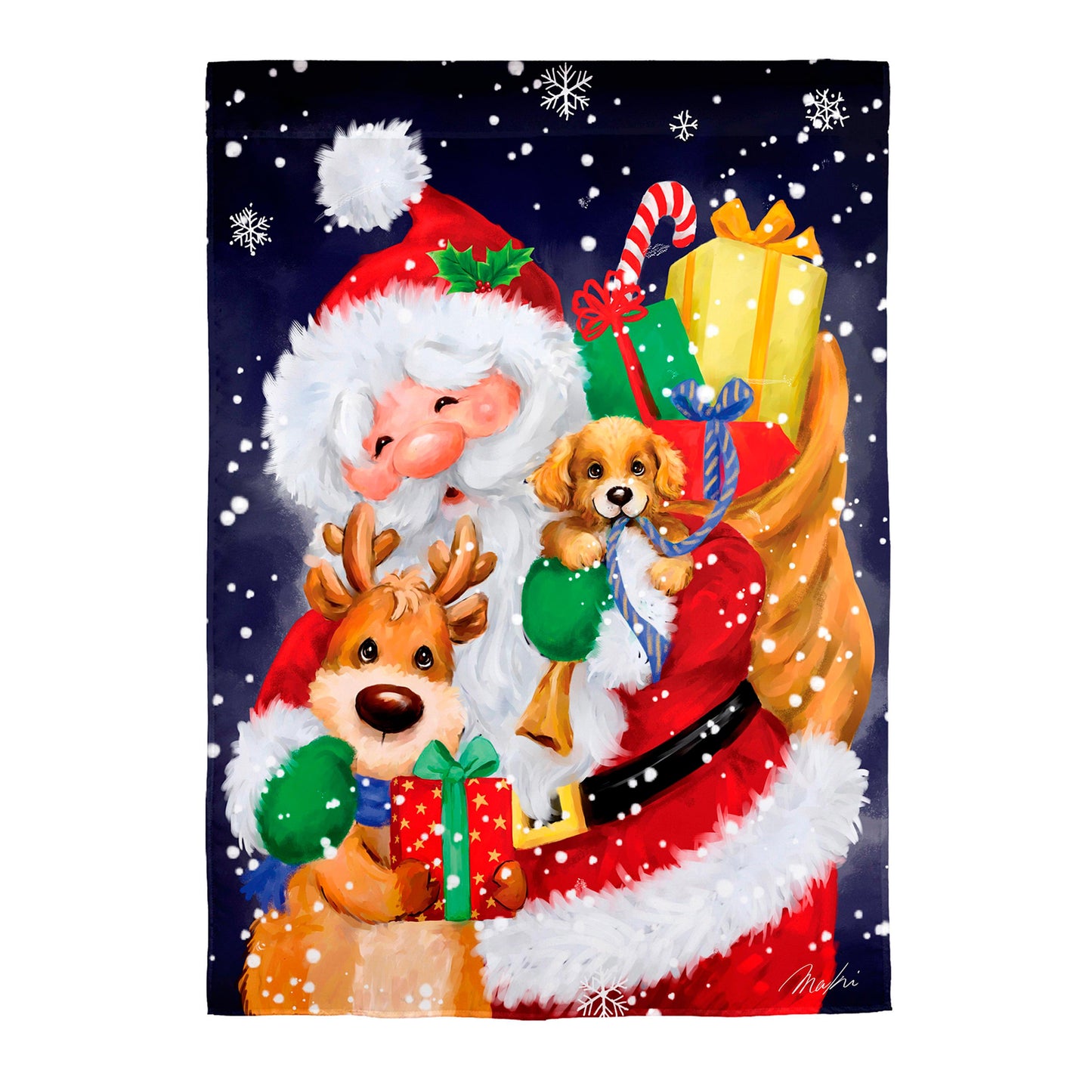 Santa, Reindeer and Puppy Suede House Flag