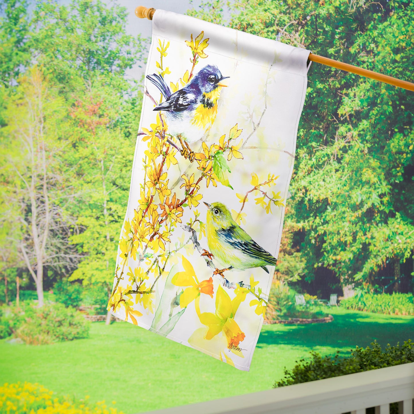 Birds and Forsythia Suede House Flag