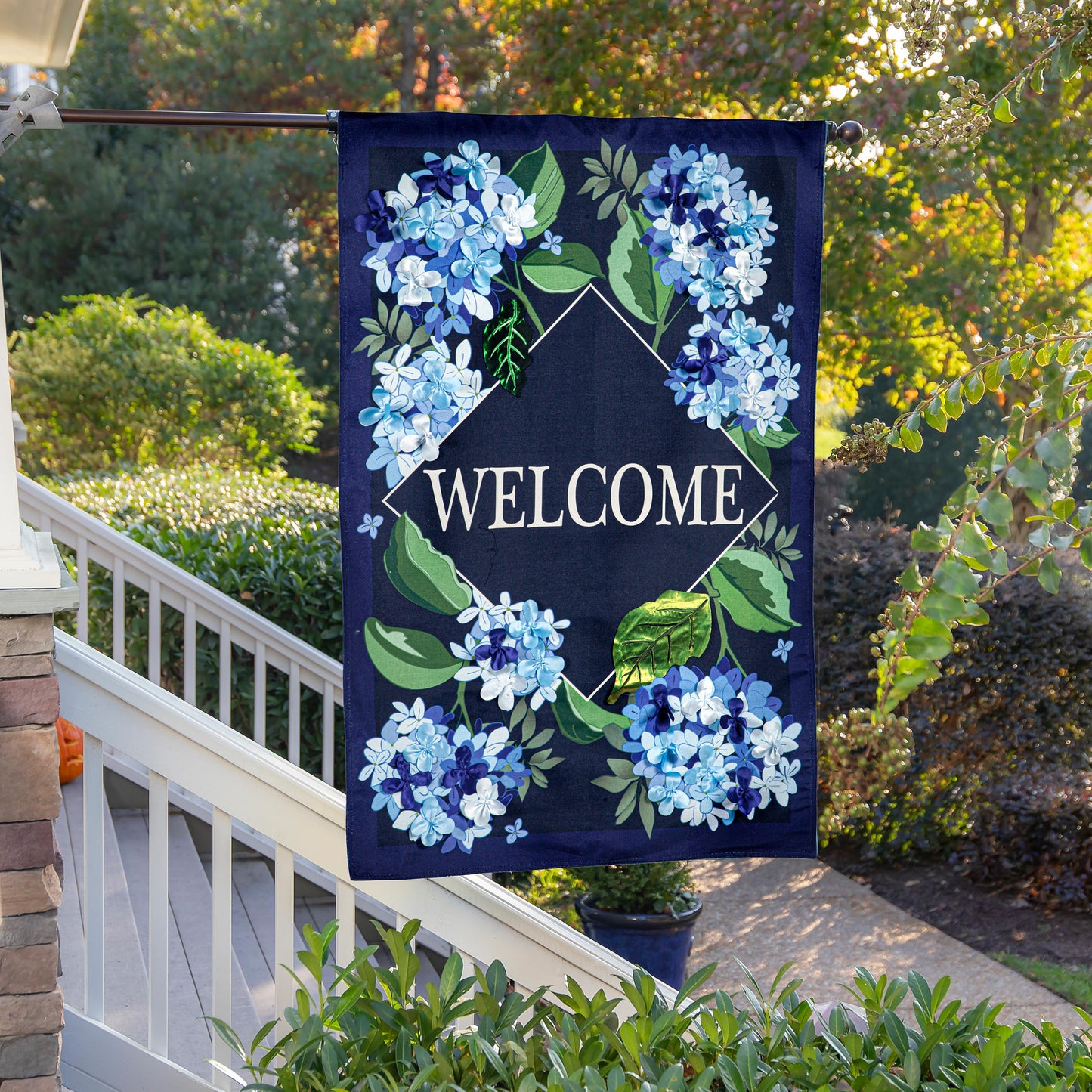 Hydrangea Welcome Estate Size Embellished Burlap Flag
