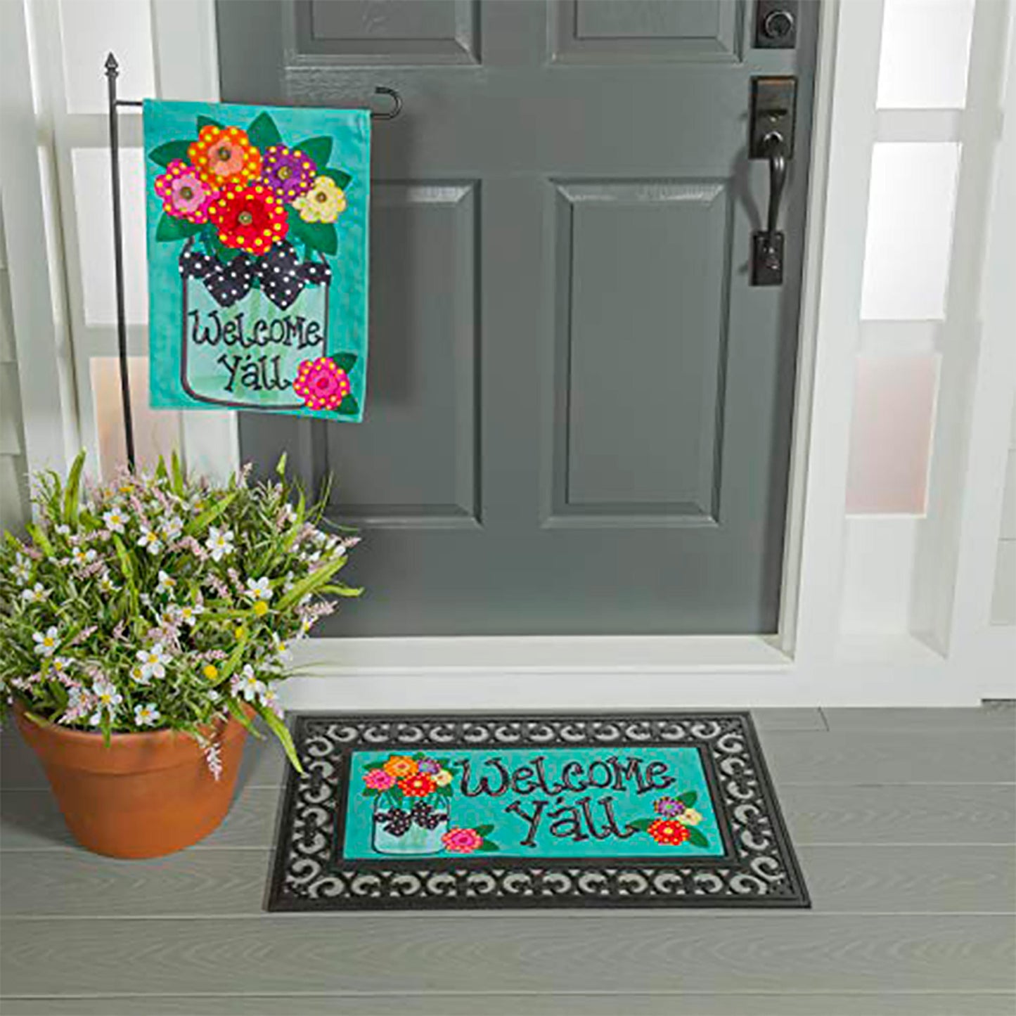Welcome Y'all Burlap Garden Flag and Sassafras Mat Set (14B4181ECM+22001T+431272+43BM003)