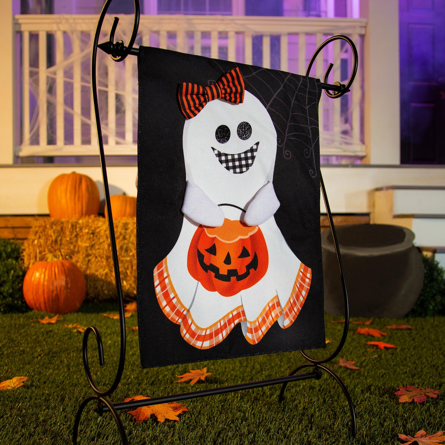 Girl and Boy Ghost with Jack O'Lantern Pumpkin Reversible Garden Burlap Flag