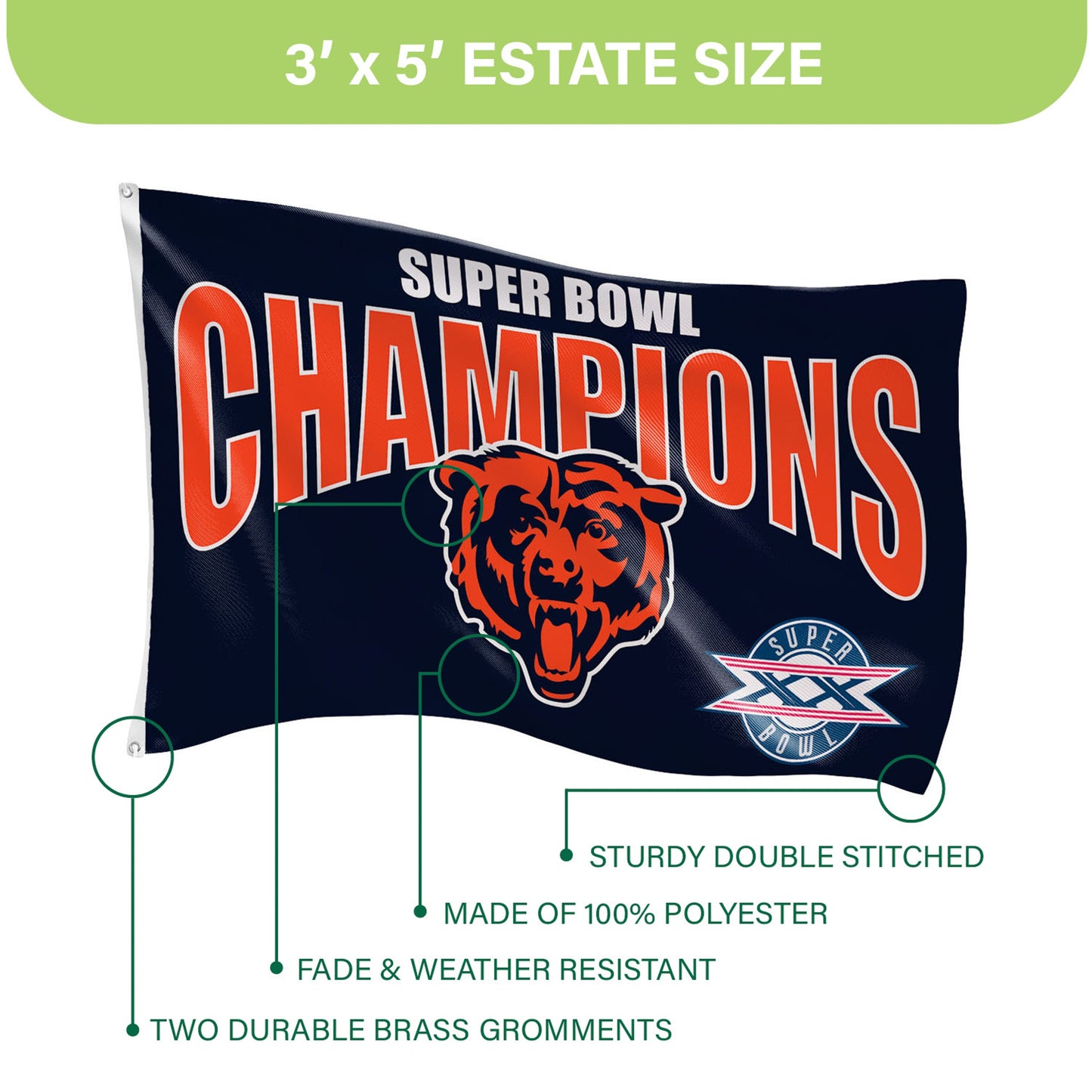 Chicago Bears Superbowl XX Champions Football 3x5 Flag
