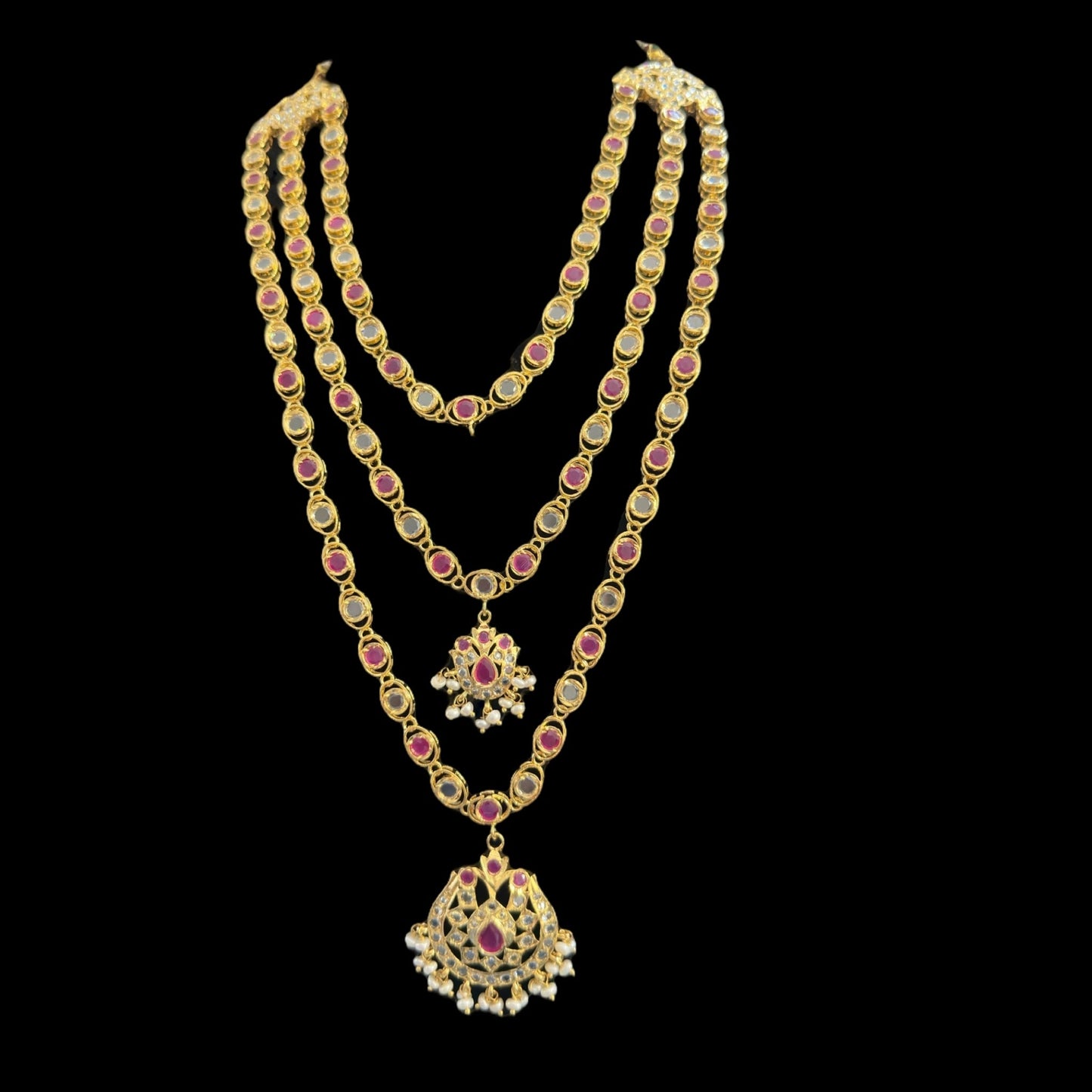 SAT93 Mallika hyderabadi three layer necklace set in ruby with fresh water pearls ( READY TO SHIP )