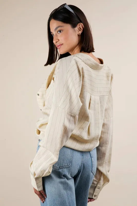 VERY J Oversized Striped Button Down Shirt Top