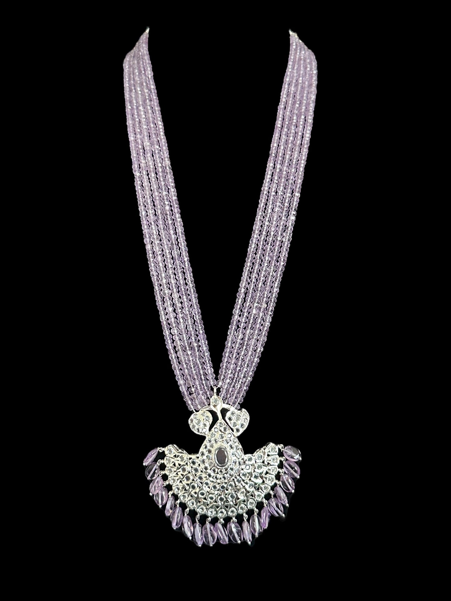 Khushi long necklace with earrings in real amethyst beads ( SHIPS IN 4 WEEKS )
