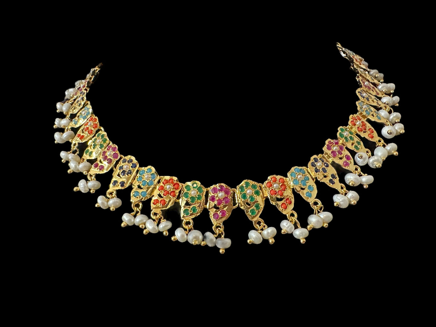 DNS195 Navratan jadau necklace set in fresh water pearls ( READY TO SHIP )