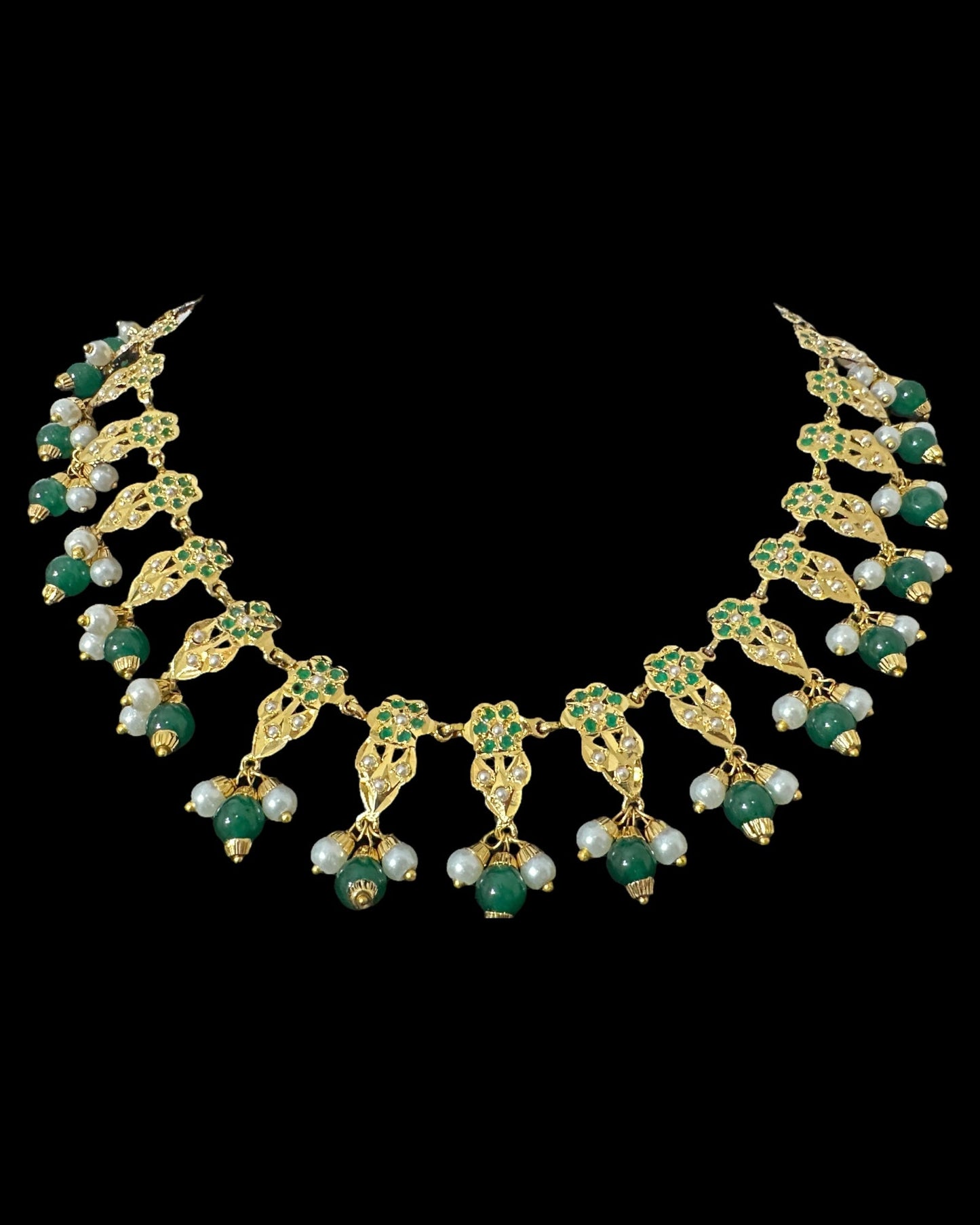 DNS194 Alea punjabi Jadau necklace set - Emerald / Green (READY TO SHIP)