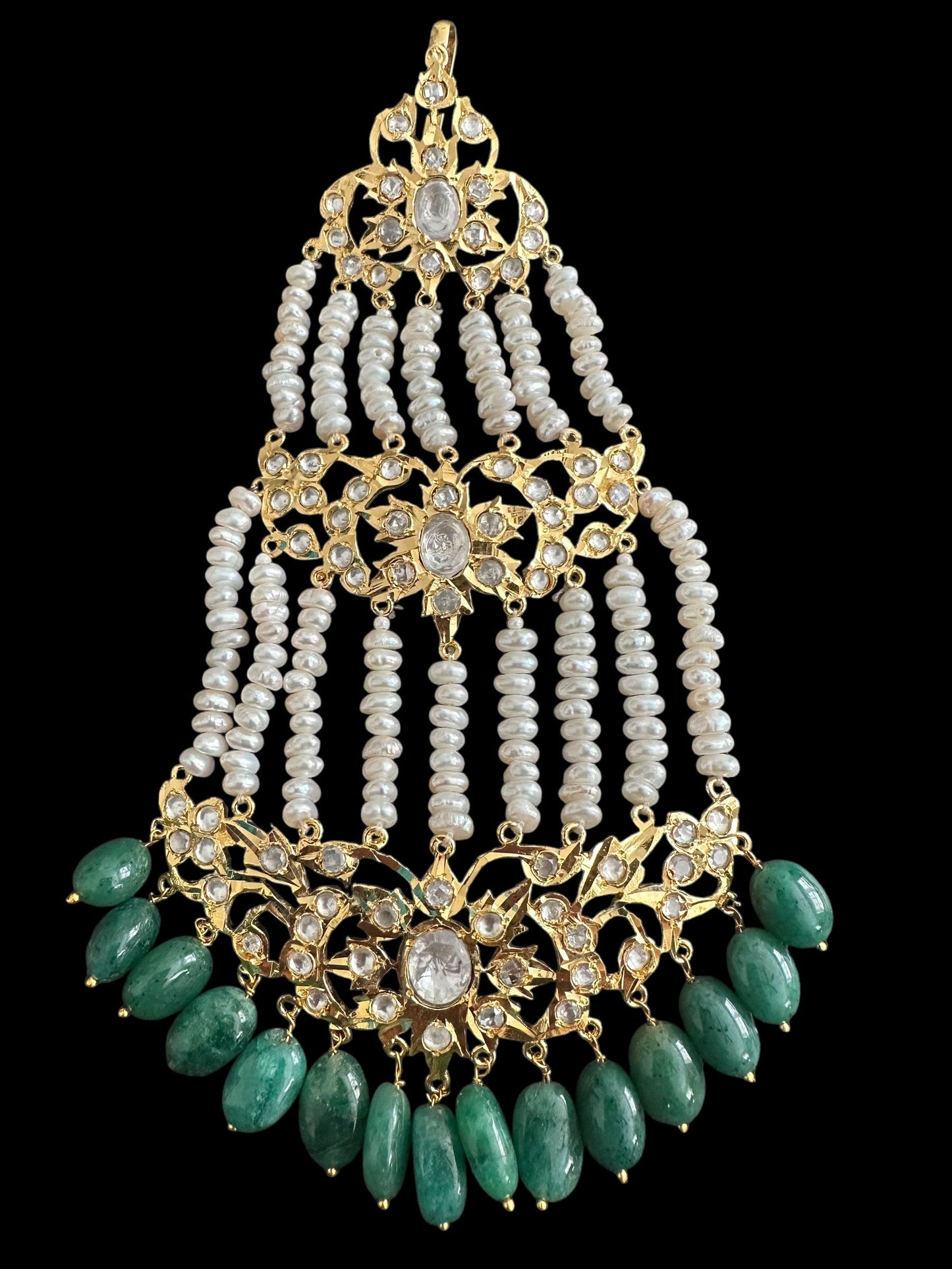 JTK19 Insha hyderabadi jhoomar tika in emeralds and fresh water pearls ( SHIPS IN 2 WEEKS )