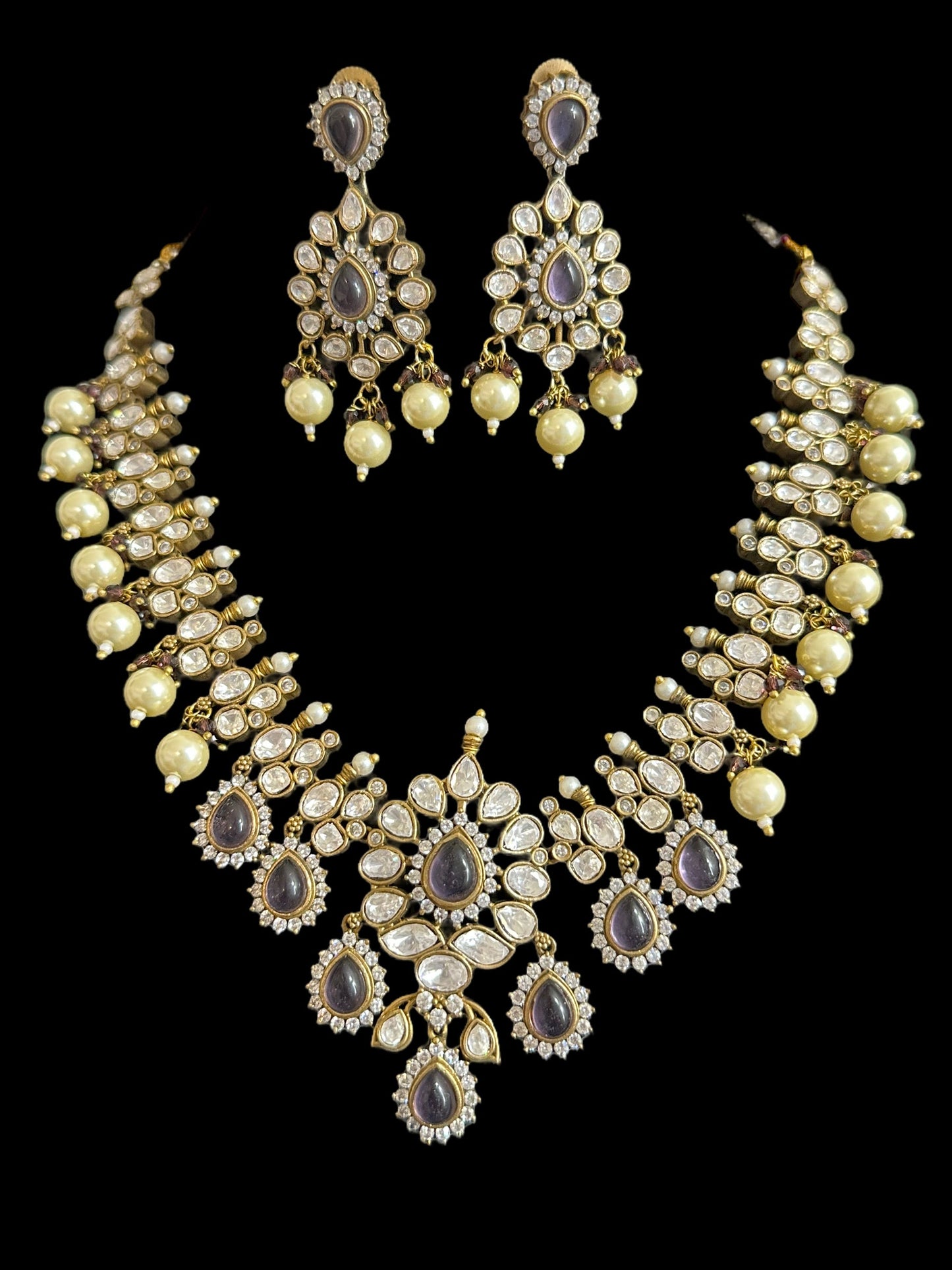 BR302 High quality Polki necklace set with tika - purple ( READY TO SHIP )