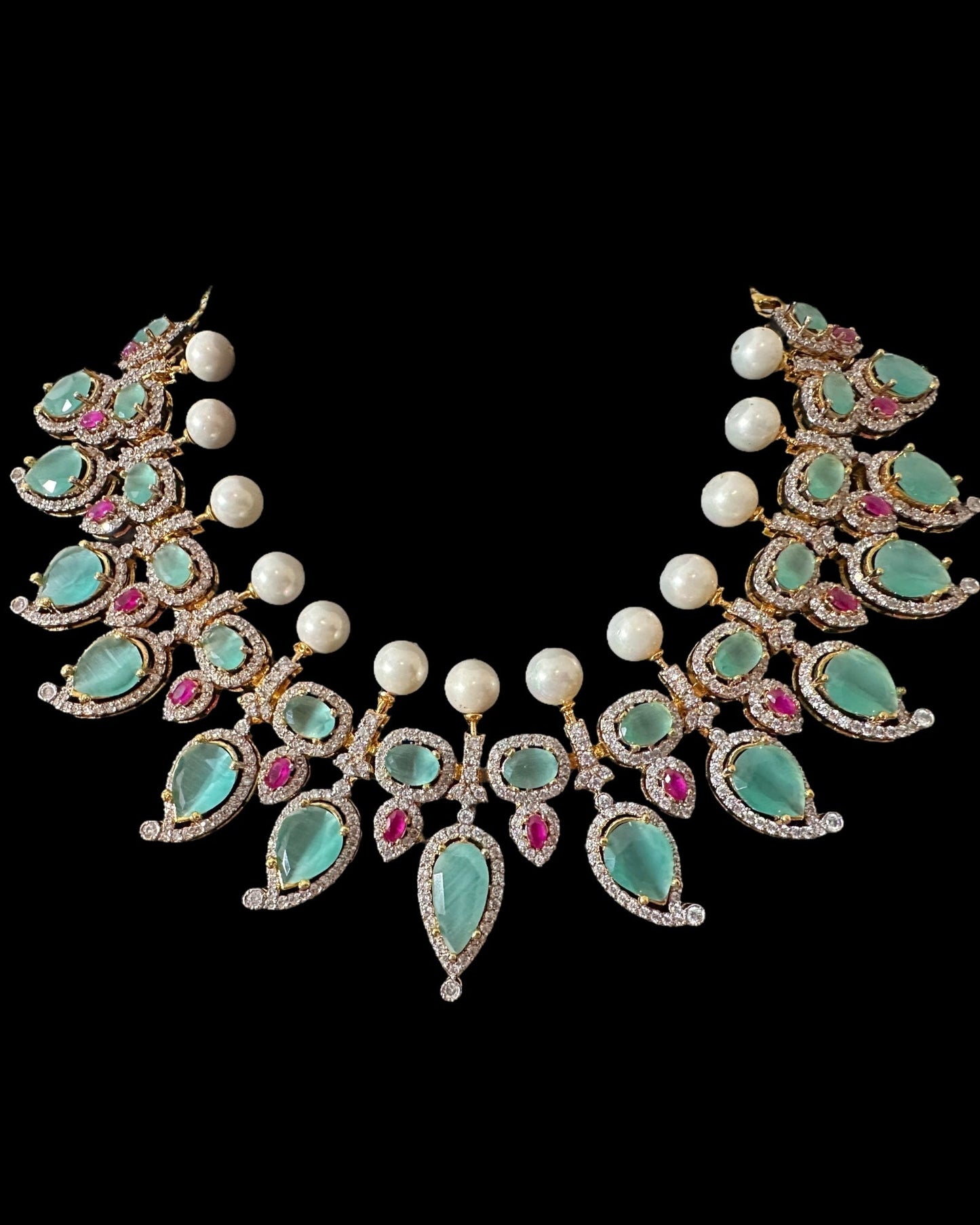 BR461 Anmol necklace set in Mint , rubies and pearls ( READY TO SHIP )