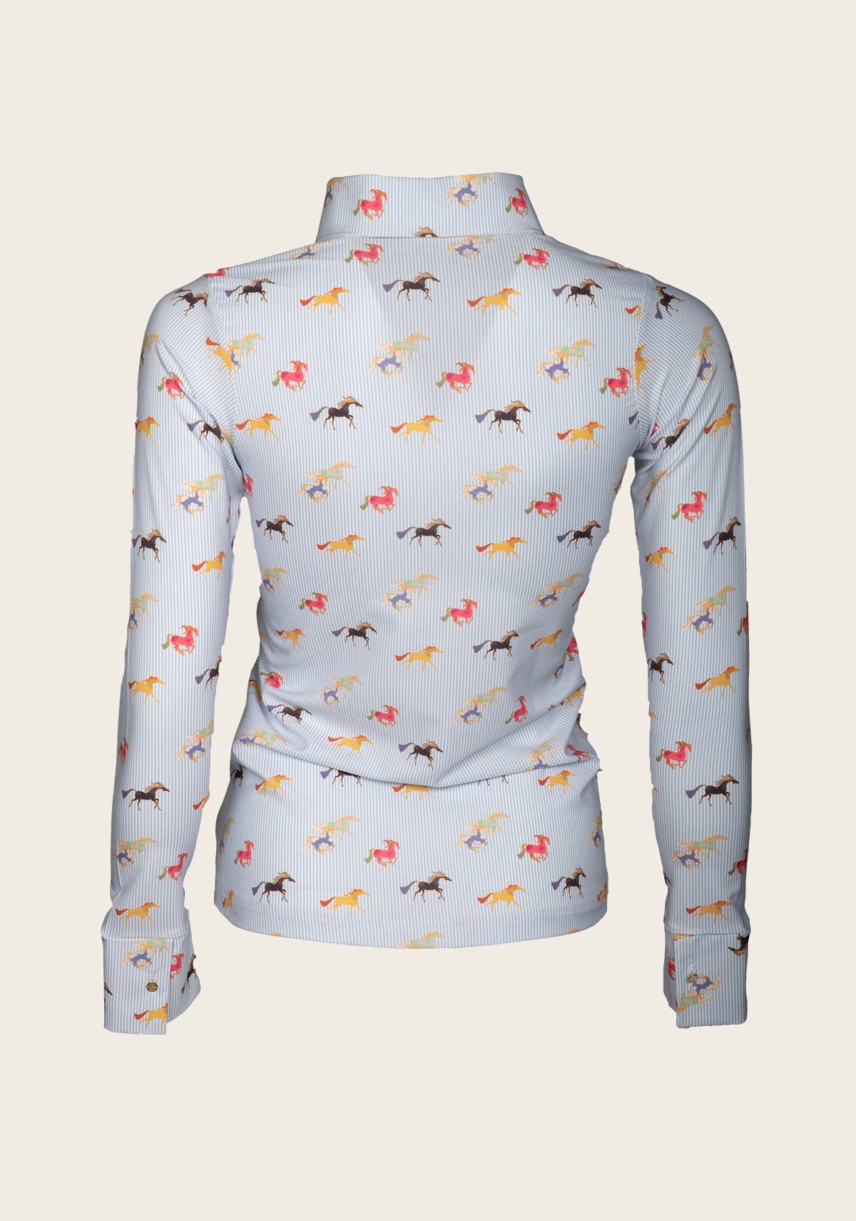Espoir Colorful Running Horses on Blue Stripe Ladies Button Shirt