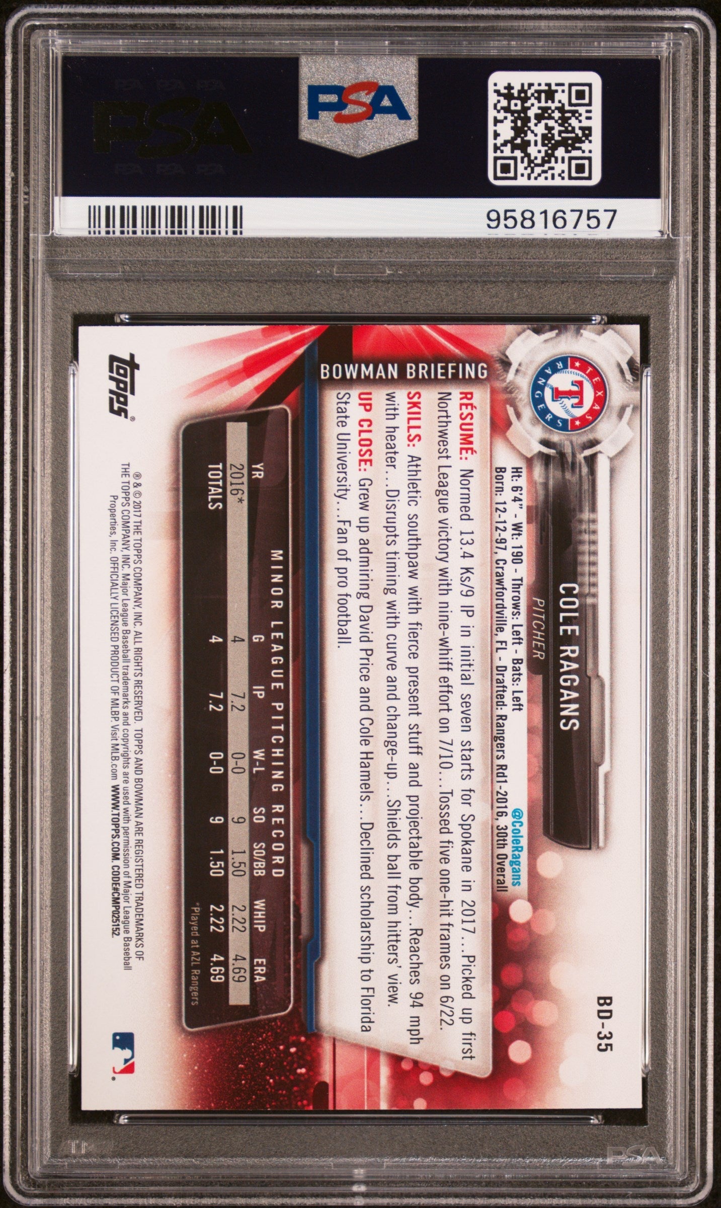 Graded 2017 Topps Bowman Draft Cole Ragans #BD35 Rookie RC Baseball Card PSA 10 Gem Mint