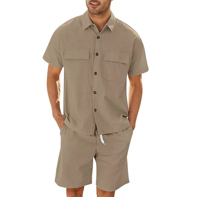 Men's Cotton Linen Two-Piece Summer Set - Short Sleeve Shirt & Shorts