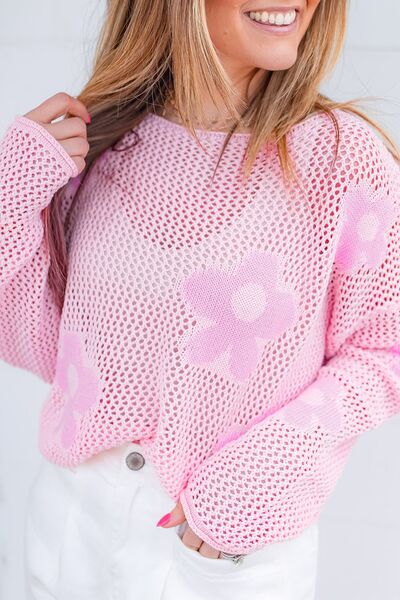 Openwork Round Neck Floral Knit Cover Up