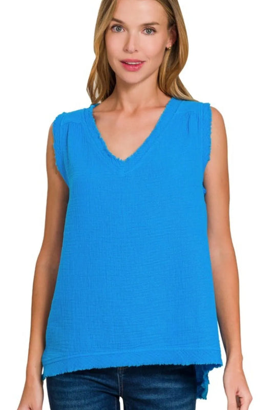 Zenana Double Gauze Raw Edge V-Neck Tank