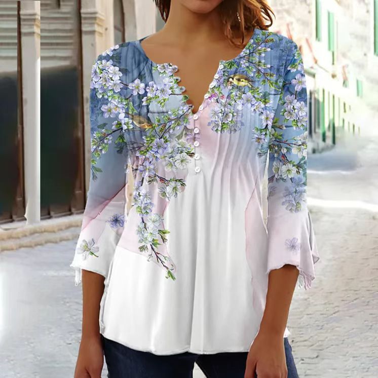 Floral V-Neck Pleated Top - 3/4 Sleeve Button Front Blouse