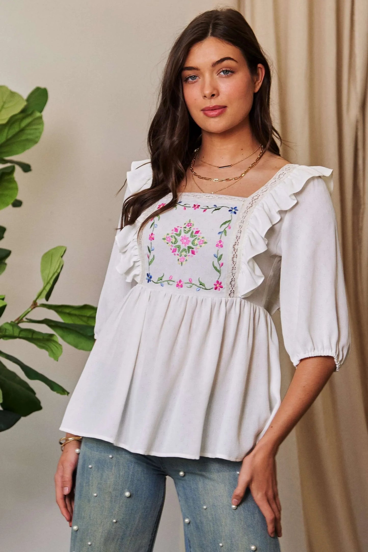 Davi & Dani Texture Tie Back Floral Embroidery Frill Blouse