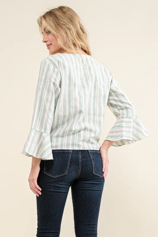And The Why Stripe Tie Knot Front Bell Sleeve Top