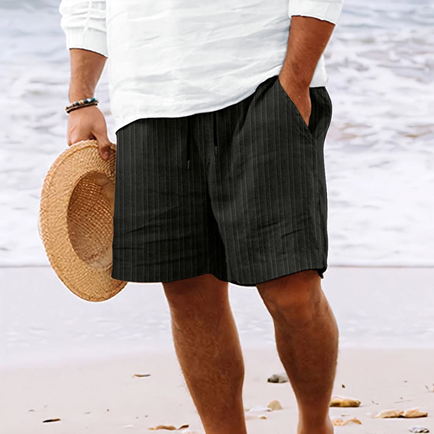 Men's Striped Bamboo Cotton Summer Shorts - Drawstring Casual
