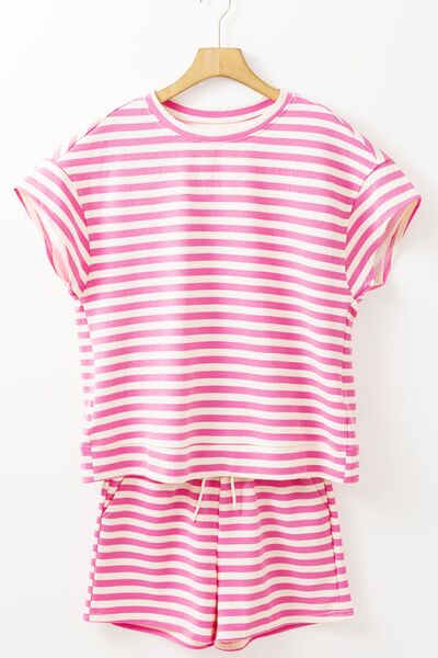 Striped Round Neck T-Shirt and Drawstring Shorts Set