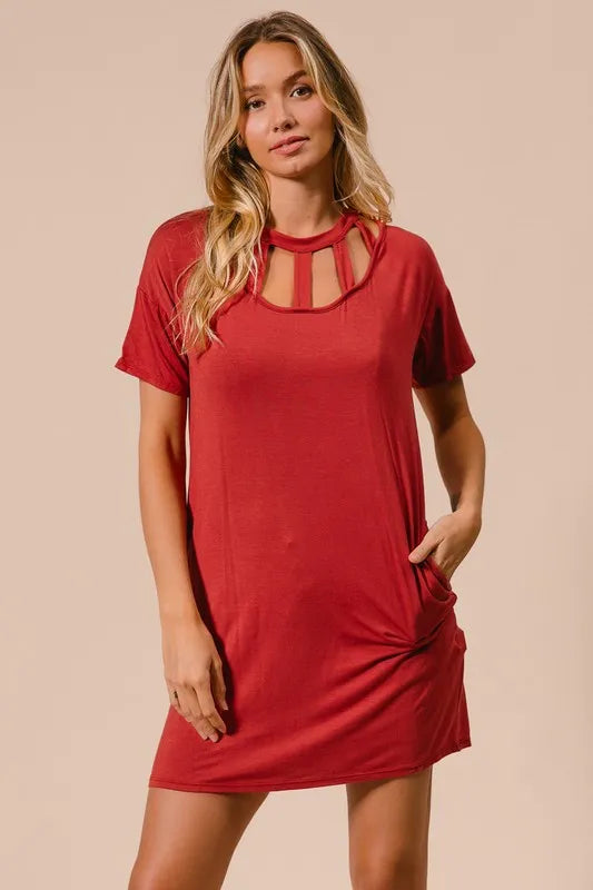 BiBi Front Cutout Mini Tee Dress with Pockets
