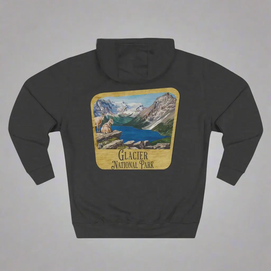 Glacier National Park Unisex Fit Fleece Hoodie Scenic Mountain Goat View Graphic Wooden Sign