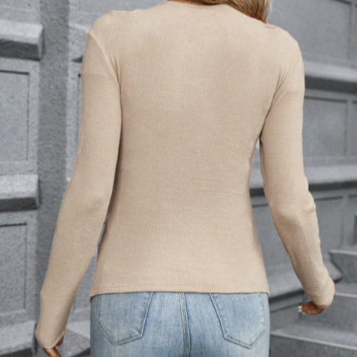 Cross Neck Cutout Long Sleeve Top - Polyester Stretch Slim Fit