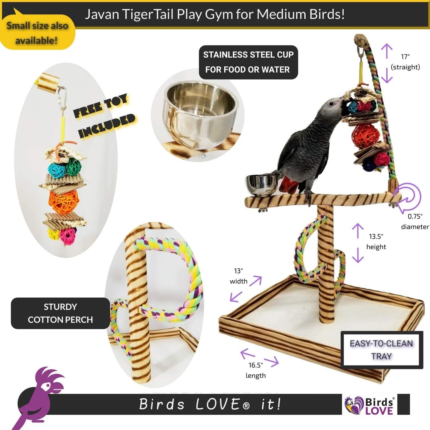 Bird Play Gym Tabletop W Cup, Toy Hanger and Toy, Javan Tigertail Stand- Large